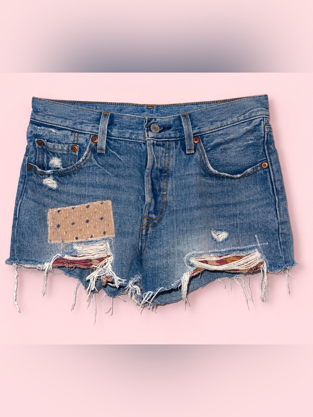 Levi’s 501 Original Patchwork Distressed Cutoff Denim Shorts W25 Raw Hem